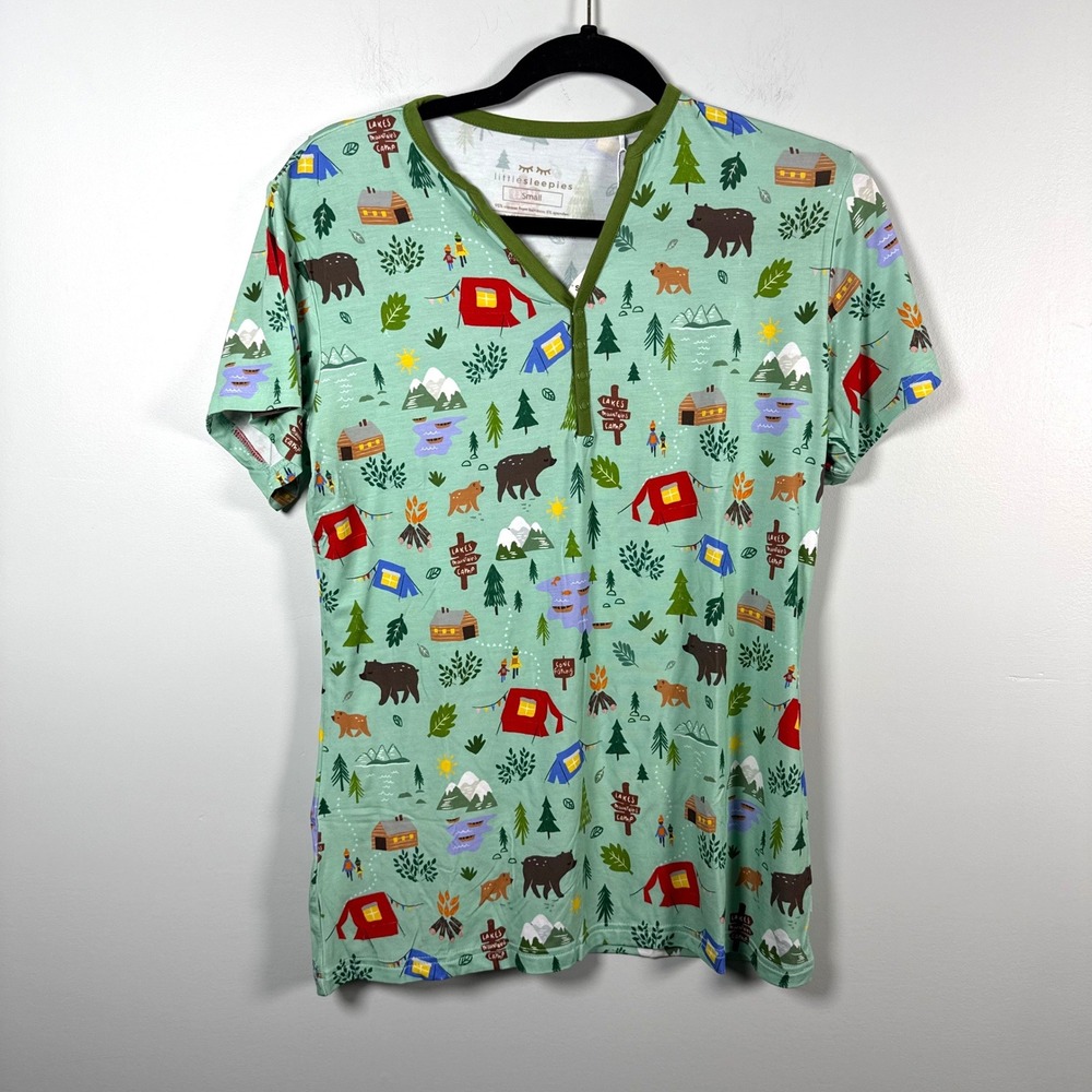 Little Sleepies Happy Camper Bamboo Pajama Top Short Sleeve Henley Mint Small